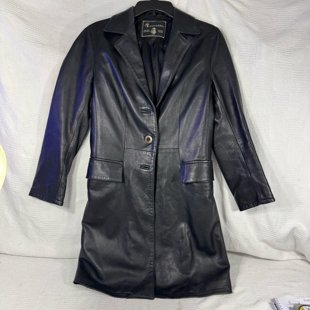 Leonardo Womens Black Genuine Leather Trench Coat Size L/XL 40. Italy